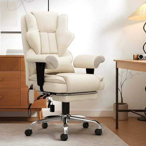 7-Point Massage Heated Executive Office Chair with Footrest, Beige