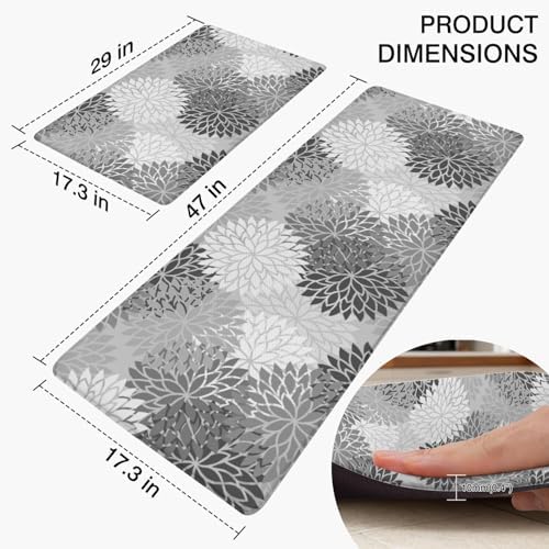 Boho Floral Anti Fatigue Kitchen Mats, 17.3"x47"+17.3"x29", Grey