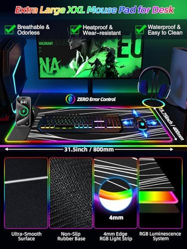 Mouse Pad with Foldable Phone Holder & Wireless Charger, XXL RGB Gaming Mousepad 31.5"x15.8" Large Desk Mat for Keyboard, Black Desk Pad with Dual Qi Charging Station | 11 Colors 5 Modes