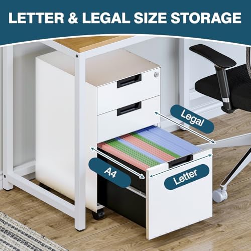 MIIIKO 3 Drawer Filing Cabinet with Lock, Metal Vertical File Cabinets for Home Office, Full Assembled File Cabinets Under Desk, Letter/Legal/A4 File Folders Storage
