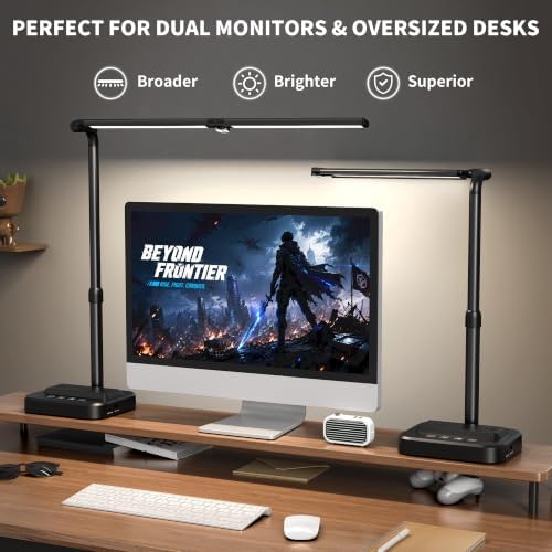 SIBRILLE LED Desk Lamp, Ultra Wide Computer Light, Dimmable Desk Light with USB Fast Charging, Adjustable Foldable Eye Caring Office Desk Lamp for Monitor Work Gaming Home Study