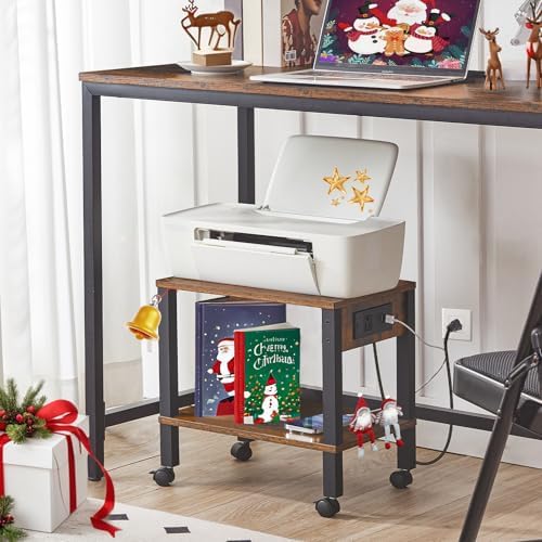 HOOBRO 2-Tier Printer Stand with Charging Station, Under Desk Printer Table, Printer Cart with Storage Shelves, Shelf for Small Spaces, for Home Office, Rustic Brown and Black BF38UPS01