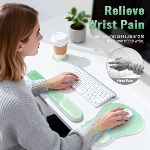 Ospelelf Mouse Pad with Wrist Rest Set Gel Ergonomic Keyboard Wrist Support Anti-Slip Rubber Bottom Office Women Desk Accessories for Computer, Laptop and Gaming, Green