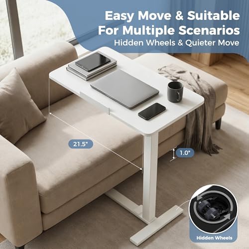 DUMOS Overbed Table with Wheels, Height-Adjustable Bedside Table, White