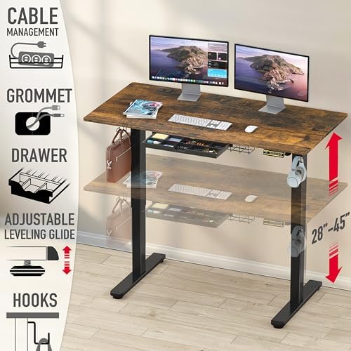 SHW 55 x 28 Electric Height Adjustable Standing Desk w/Drawer,Rustic Brown