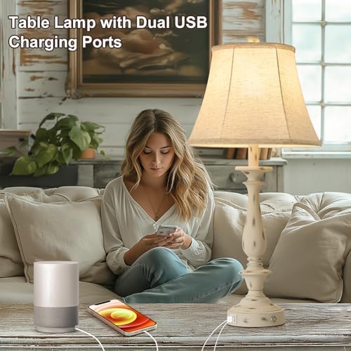 AIDENOEY 28.5" Traditional Table Lamp Set of 2, Rustic Farmhouse Table Lamps for Living Room Bedroom, Bedside Desk Lamps Vintage Nightstand Lamps with Silk Fabric Shades, Distressed White