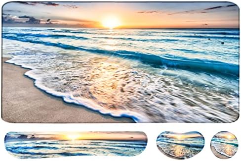 4-in-1 Large Gaming Mouse Pad, Keyboard Wrist Rest Pad & Wrist Support Mousepad Set, Extended Desk Pad Waterproof Desk Mat for Home Office Study Game-Beach