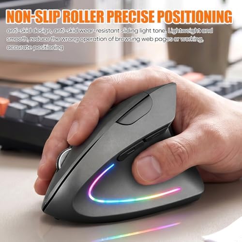 Wireless Bluetooth Ergonomic Vertical Mouse, Rechargeable Silent Slim Laptop Mouse,Portable(BT5.2+USB Receiver) LED Dual Mode Computer Mice,for Laptop,Desktop Computer,ipad Tablet,Phone,TV (Grey）