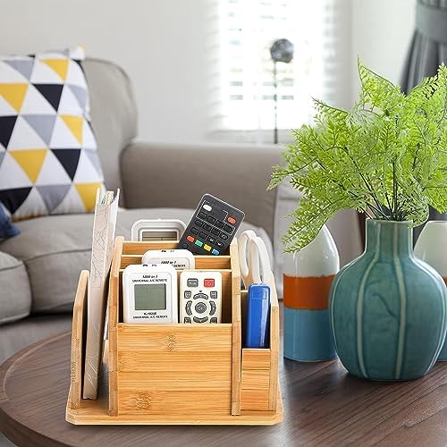 yarlung Bamboo Rotating Remote Control Holder for Table, 7 Compartments Office Supplies Organizer 360° Spinning Desktop Storage Caddy for Pen, Colored Pencil, Book Sewer, Sticky Notes