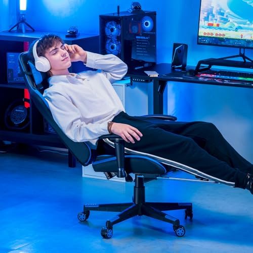 GTPLAYER Gaming Chair with Footrest, Ergonomic Computer Game Desk Chair, Reclining Gamer Chair Seat Height Adjustment, Swivel Rocker with Headrest and Lumbar (Blue)