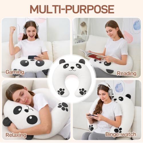Lap Pillow, Cute Panda Crochet Pillow for Knitting, Crafting, Gaming, Reading and Phone Use on Bed, Sofa or Chair, U-Shaped Wrap Around Arm Support Cushion and Neck Pillow