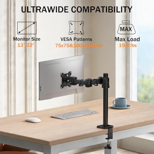 THEARK Single Monitor Arm Desk Mount - Adjustable VESA Desk Arm Mount for 17-32 Inch Screens,Holds up to 19.8 lbs,Single Monitor Stand for Desk with C-Clamp and Grommet Base,VESA 75x75/100x100mm