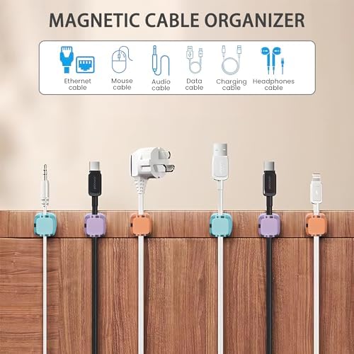 6 Pack Magnetic Cord Organizer & Cable Clips - Adjustable Under Desk Cable Management, Adhesive Wire Holder for Home, Office, Phone, Car, Wall, and Nightstand (Color Mixed)