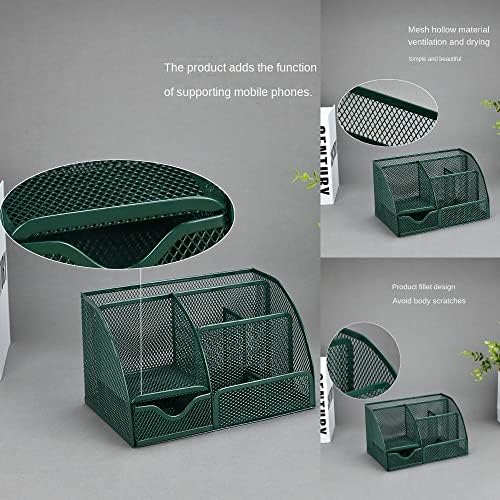Green Desk Organizer Mesh Drawer Storage Accessories with 6 Compartments and Drawer, Desktop Caddy Storing Stationery Trinkets Cosmetics Jewelry Electronic Gadgets for Workspace Classsroom