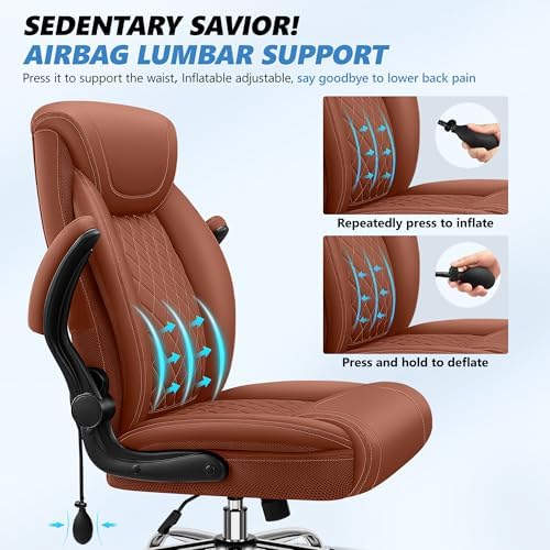 BestGlory Executive Office Chair with Lumbar Support, Big and Tall Ergonomic Computer Desk Chair, Leather Comfy High Back Gaming Chair with Flip Up Arms & Rocking Function for Home Office, Brown