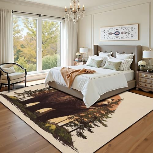Serene Bear Standing Tall Pine Forest Warm Earth Tones Area Rug Outdoor Patio Rug Play Mat Modern Floor Carpet Non-Slip Home Decor Living Room Kids Bedroom Nursery, 9x12 ft