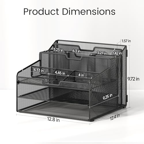 Lavatino Desk Organizer - Metal Mesh with 2 Paper Letter Trays, 7 Flexible Dividers, 2 Vertical File Holders for Office/Home/Classroom Supplies, Desk Organizers and Accessories, Black