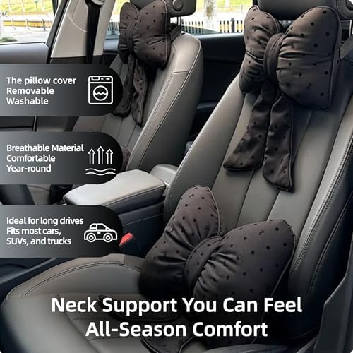 2PCS Chic Car Headrests with Bow-Shaped Cotton Linen Bowknot Neck Pillows for Cozy Road Trip & Cute Interior Decoration (Black Polka)