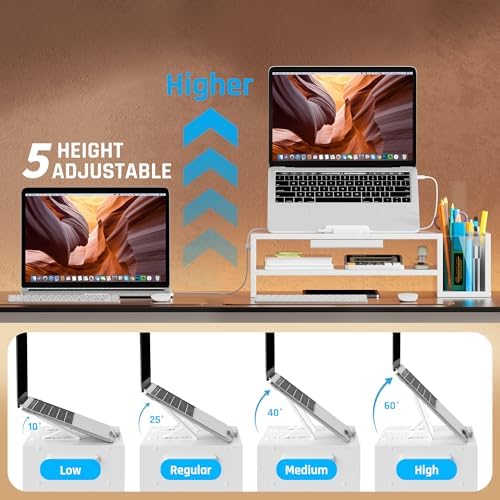AFOOYO Adjustable Wood Laptop Stand, Ergonomic Height & Angle Computer Riser with Pen Holder – Compatible with MacBook Air/Pro, Dell, HP, Lenovo & 10-17.3" Notebooks – White