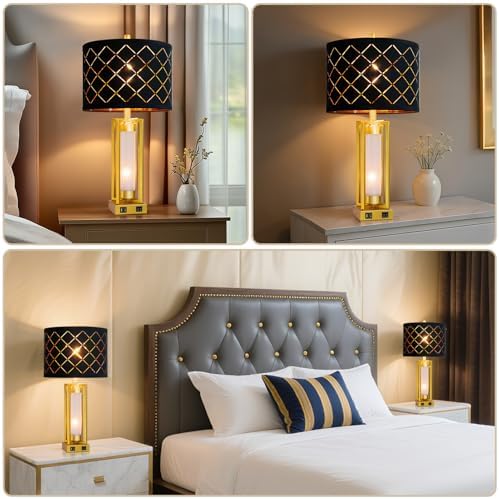 Set of 2 Modern Table Lamps for Living Room Bedroom with USB C+A