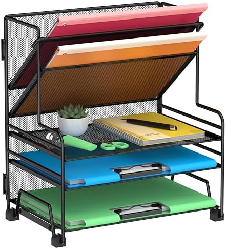 Desk File Organizer, 3-Tier Letter Tray Paper Organizer and 2-Pocket Metal Hanging Basket for Office School Classroom Organization
