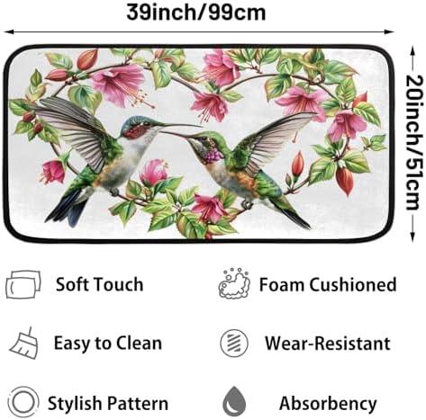 Kitchen Mats, Heart Hummingbird Kitchen Rugs, Cushioned Anti Fatigue Kitchen Mats, Non-Slip Standing Desk Mat, Absorbent Kitchen Rug for Floor, Kitchen, Office, Sink, 20"×39"