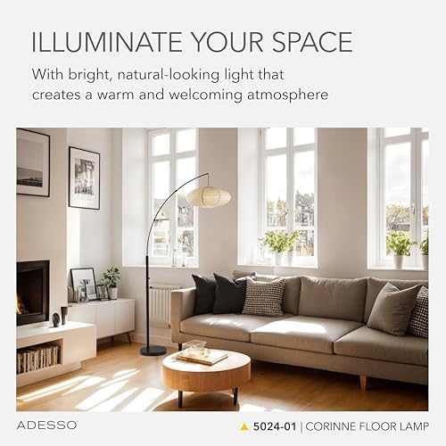 Adesso Floor Lamp, Black & Off-White Paper, Overhead Light, 80”