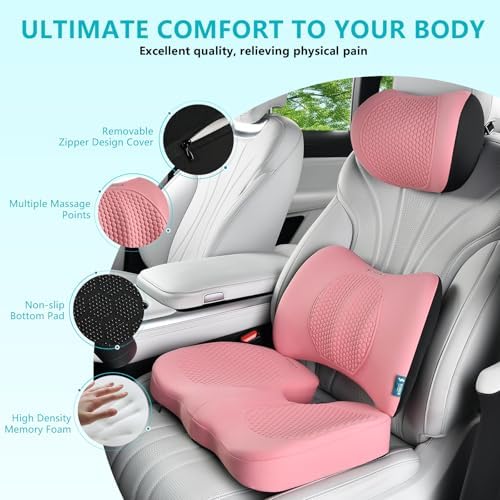 FLORICH 3 PCS Seat Cushion for Carseat Lumbar Support Pillow Car Neck Headrest Pillows 100% Memory Foam Seat Pads Pressure Relief Back Cushion for Office Chair(Pink)