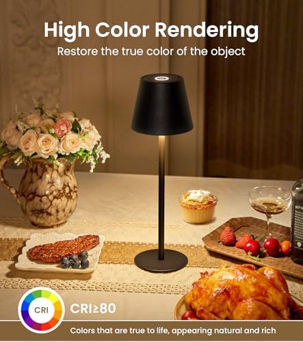 Cordless Table Lamp, Portable Battery Operated Lamp with 3 Color Temps and Stepless Dimming, Rechargeable Table Lamp for Dinner, Desk, Cafe, Outdoor (Black)