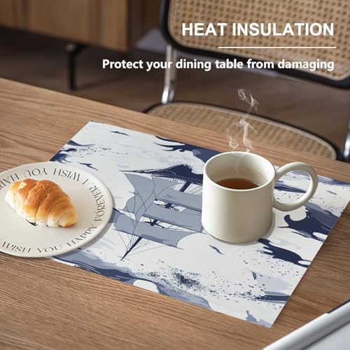 Sailing Ship Maritime Linen Placemats, Ocean Waves Nautical Table Mats for Table Washable Heat Insulation Thick Dining Mat, Indoor/Outdoor 12X18 in 8 Pcs
