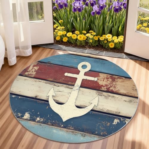 Nautical Round Area Rug - 3.3ft Navigational Anchor Round Rug for Kitchen, Ocean Theme Circle Rugs Washable Soft Non-Slip Carpet for Bathroom Kitchen Decor Mat