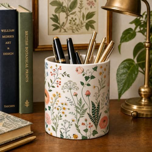 Pen Holder for Desk Ceramic Pencil Cup, Cute Makeup Brush Desk Organizer, Desk Accessories, School Supplies, Teacher Appreciation Gifts, Birthday Christmas Gift for Women (Green plants)