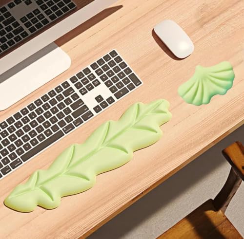 inbesk Angel Wing Wrist Rest Ergonomic Memory Foam Wrist Rest for Computer Keyboard Mouse Set, Cute Gaming Keyboard Cushion Hand Support PU Leather Surface Anti-Slip Waterproof Green-Leaf