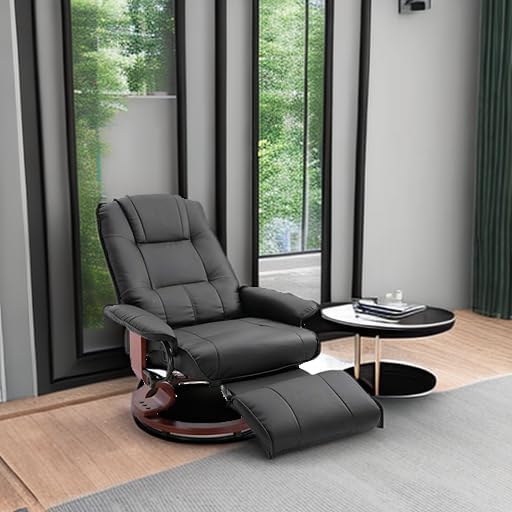 HOMCOM Swivel Recliner Chair, PU Leather Reclining Armchair with Retractable Footrest, Lounge Chair with Wood Base and Adjustable High Back for Small Spaces, Living Room, RV, Bedroom, Black