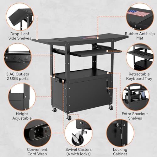Mobile AV Cart with Drop Leaves & Adjustable Height, Rolling Computer Cart with Pullout Keyboard Tray – Locking Cabinet, 3 Outlets&2 USB Ports, Lock Brake Casters, Utility Cart for Office/Classroom