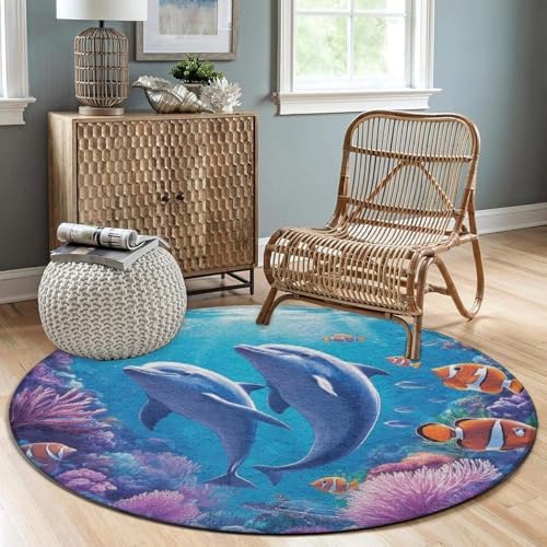 Highly Premium Quality Floor Mat, Office Chair Decor Mat, Room Sofa Yoga Soft Round Carpet Sea Underwater Beautiful Sea World Dolphins, 60inch