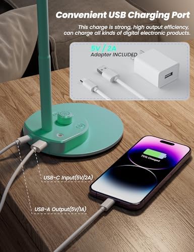 BOHON LED Desk Lamp with USB Charging Port, 3 Color Modes Dimmable, Teal