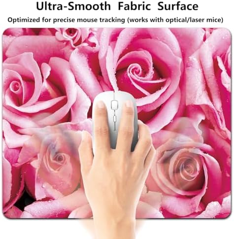 9.5x7.9 Inch Office/Gaming Mouse Pad, Romantic Pink Roses with Dew Drops Fresh Flowers Floral Bouquet, Cute Anti-Slip Mat for Desk Decor