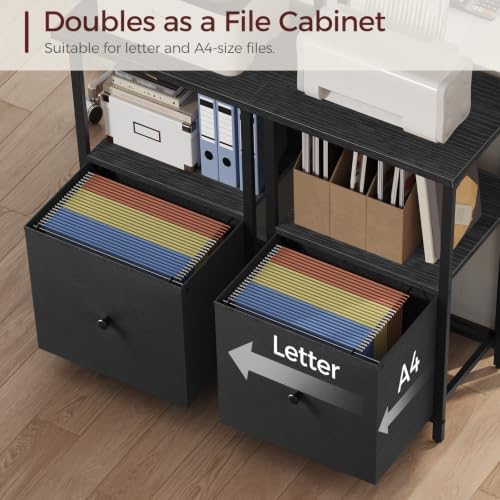 MAHANCRIS Printer Table with Storage, Home Printer Stand with File Cabinet, Fits A4/Letter Size Files, Printer Cabinet with Large Tabletop, Display Shelf, for Home Office, Black PTBK3501
