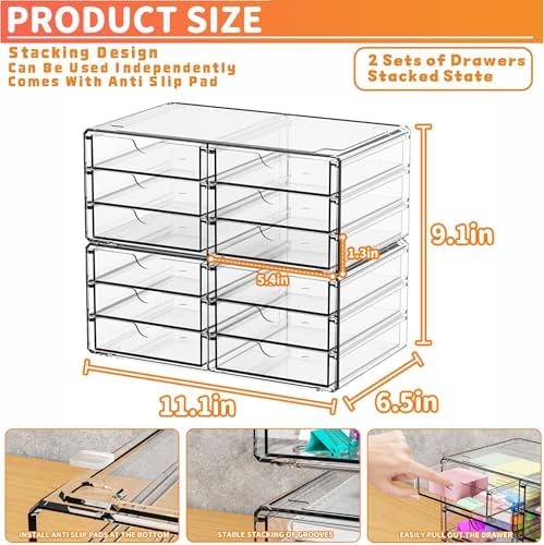 Yieach 2 Pack Acrylic Storage Drawers With 12 Small Drawer,Stackable Office Cabinet Organizer and Makeup Organizer,Clear Plastic Drawers for Craft Supply,Pen,Stationary,Accessory,Makeup,Desk Organizer