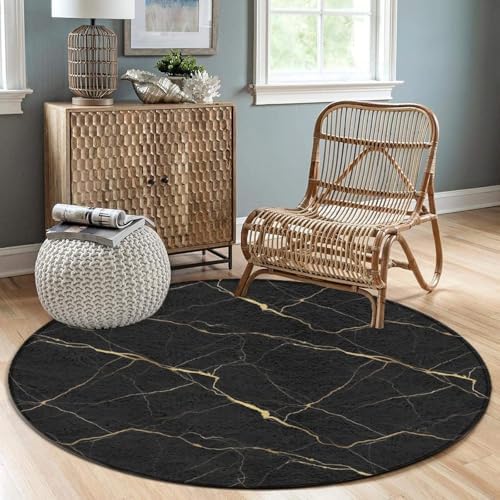 Soft Round Yoga Carpet, Office Chair Decor Round Mat for Carpet and Hardwood Floors Black Marble Gold Texture, 60inch