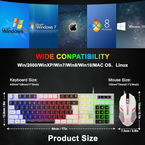 BlueFinger RGB Gaming Keyboard and Backlit Mouse Combo, USB Wired, LED Gaming Set for Laptop PC Computer Game and Work (White & Black)