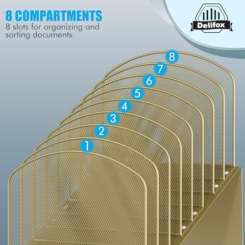 Inclined Desk File Organizer, 8-Section Upright Desk Organizer Standing File Sorter for Office Classroom Desktop Organization (Gold, 8)