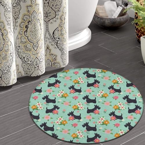 Large Machine Washable Circular Rugs, Home Decor Round Mat for Living Room Sofa Office Black Scottie Dog Floral, 36inch