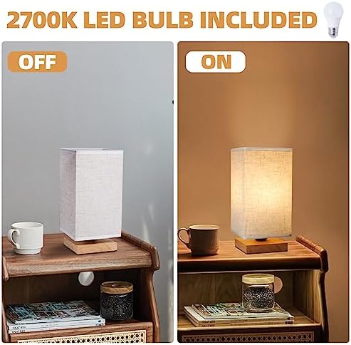 Small Square Bedside Table Lamp for Bedroom, Minimalist Wood Base & Round Fabric Shade, Mini Cute Cozy Warm Nightstand Boho Lamp, Study Desk Night Stand Light for Room, Dorm, Nursery, Living Room