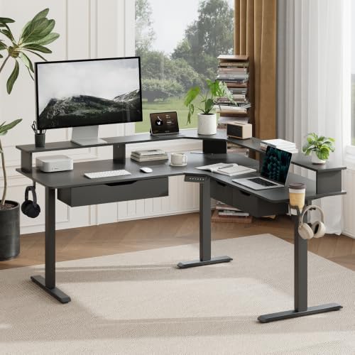 MALOL 59" L Shaped Electric Standing Desk with Drawers, Height Adjustable Desk with Power Outlets & LED Lights, Monitor Stand, Corner Computer Desk for Home Office, Black