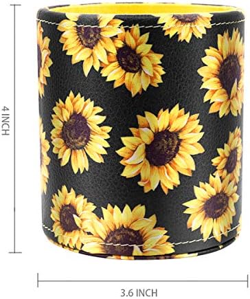 Round Leather Pen Holder for Desk, Sunflower