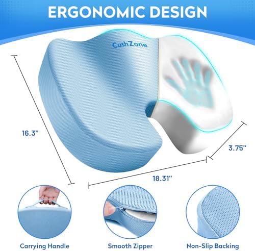 CushZone XL Memory Foam Seat Cushion for Office & Car, Light Blue