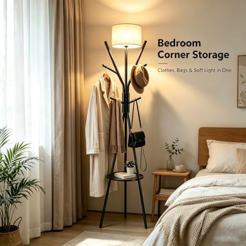 Black Coat Rack Floor Lamp, Metal Standing Lamp with Storage Table, 3 Color Dimmable Tall Lamp with Multi Hooks Coat Rack, Corner Floor Light for Living Room Bedroom Apartment Entryway