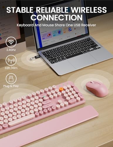Wireless Keyboard and Mouse Combo, Cute Typewriter, Magnetic Wrist Rest